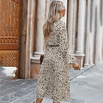 Jar Dlhý Rukáv Midi Šaty Žien Leopard Tlač Štíhly Biely Bežné Dámske Šaty Nový Príchod 2021 Lete Elegantné Vestidos