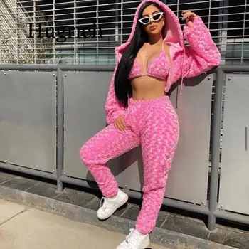 Fuzzy Ružovú Sexy 3 Peice Nastaviť Ženy Oblečenie 2020 Streetwear Rave Festival Klubu Nosiť Trendy Oblečenie Zodpovedajúce Sady