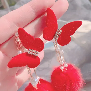 MWSONYA kórejský Elegantný Červený Zamat Motýľ Veľký Hairball Náušnice pre Ženy Pearl Reťazca Strapec Pendientes Šperky, Darčeky