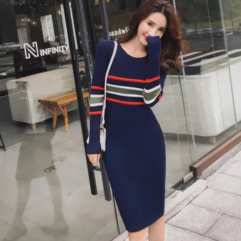 Jeseň Prúžok Sveter Šaty pre Ženy Elegantný Dlhý Rukáv Midi kórejský Bodycon Šaty Strany Slim O-Krku Patchwork Vestidos 2020