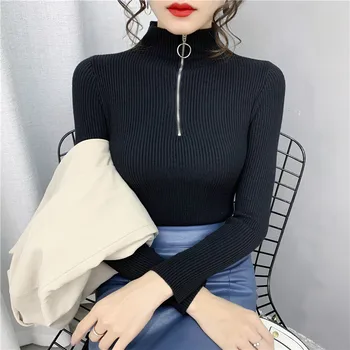 #6253 Čierna Biela Modrá Knitwear Sveter Ženy Turtleneck Zips Kórejský Módne Tesné Bavlna Pulóvre Jeseň Zima Sveter