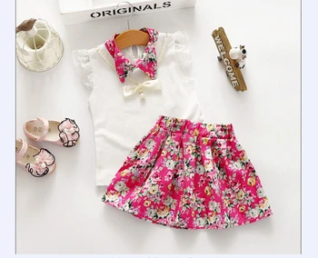 3ks Dievčatká Batoľatá Perlový Náhrdelník+Top+Sukňa Kvet bez Rukávov Oblečenie Letné Oblečenie Sady