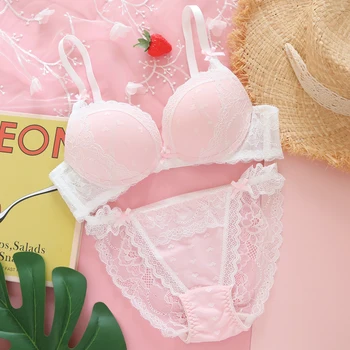 Peach Pink Láska Japonskej Sladké Krásne Bielizeň Nastaviť Sexy Žien Lolita Oka Čipky spodné Prádlo, Push Up Podprsenka Underwire Bikini Set