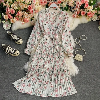Vintage pás kvetinový šifón šaty jar jeseň nového tvaru slim strednej dĺžky skladaný šaty nad kolená vestidos Volánikmi šaty