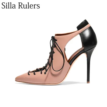Silla Vládcov Sexy kožené kríž čipky ukázal prst vysokým podpätkom čerpadlá ženy ríma tenké päty lady sandále Duté z Jednej topánky