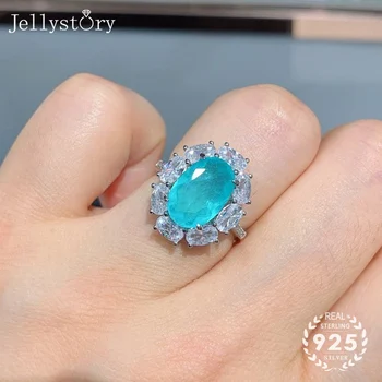 Jellystory charms krúžok s925 mincový striebro šperky s oválny tvar sapphire zirkón kamene, nastaviteľný krúžok pre ženy, svadobné