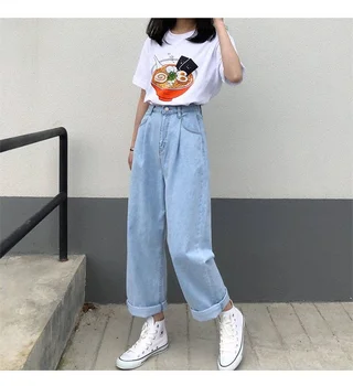 2020 Ženy Jeseň Džínsy Vintage Pevné Vysoký Pás Široký Džínsové Nohavice Plus Veľkosť Harajuku Voľné Kórejský Rovné Džínsy Dlhé Nohavice