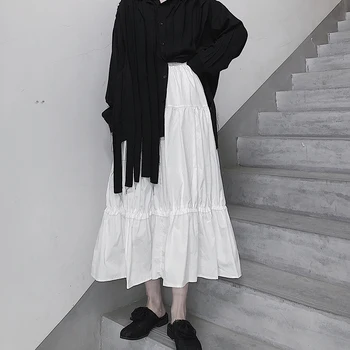 Dlho Midi Sukne Žena 2021 A-line Elastické Vysoký Pás Tutu Skladaný Sukne Vintage Žena Elegantné Čierne Biele Sukne Streetwear
