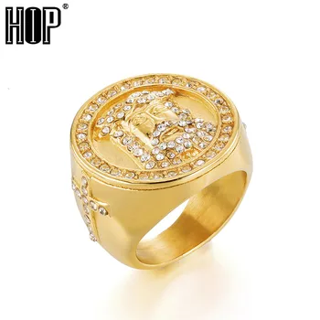 Hip Hop Ľadový Sa Bling Kríži Ježiš Krúžok Zlatá Farba Nehrdzavejúcej Ocele Krúžok Micro Spevnené Prstene pre Mužov Šperky