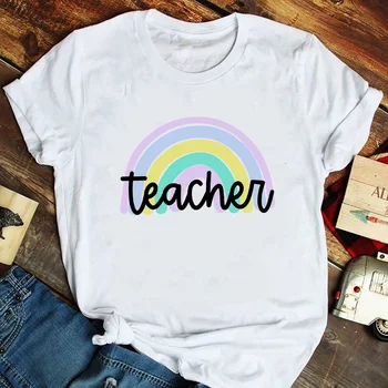 Učiteľ Rainbow Tlače Ženy Graphic Tee Bežné Krátke Sleeve T Košele Harajuku Tričko Žena Kawaii Učiť Biele tričko Camisetas