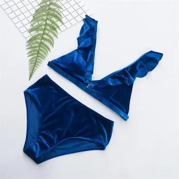 Pevné Velvet Bikini Set Push Up Plavky, Letné Kúpanie Oblek Vysoký Pás Agaric Prehrabať Ramenný Biquini Pláž Nosiť Žena