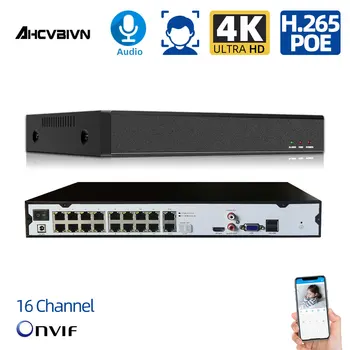 AHCVBIVN 4K 16 Kanálov NVR H. 265+ 16CH NVR Detekcia Tváre 4 HDD Podpora ONVIF RTSP s 16 porty POE pre Security Kit