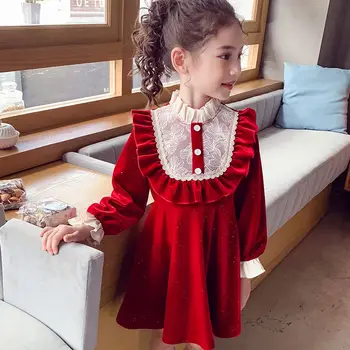 Dievčatá šaty na jeseň 2020 nové deti kórejská verzia velvet princezná šaty dievča, červenej čipky západný štýl šaty XXZ073