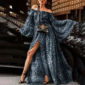 ZOGAA Ženy Leopard Tlač Letné Šaty 2019 Sexy Lomka Krku Split Maxi Dlhý Večer Party Šaty Bežné Vestidos Plus Veľkosť XXXL