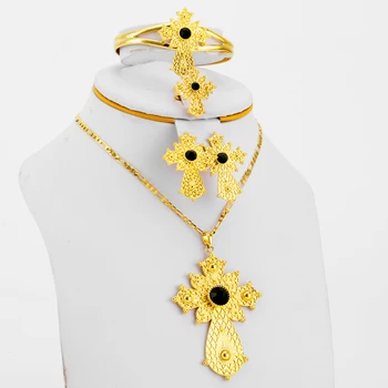 JHplated Nové Etiópskej Kríž Náhrdelníky Náušnice, Prsteň Náramok Šperky sady Zlatá Farba Afriky Eritrejsko Svadobné Dary