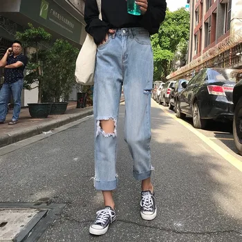 Kórejský Vysoký Pás Džínsy Ženy Pevné Otvor Hárem Nohavice Voľné Bežné Plus Veľkosť High Street Džínsové Nohavice Pantalon Femme S Pásom