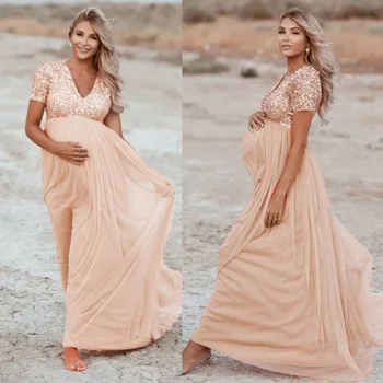 Šaty Pre Tehotné Materskej Šaty Plus Veľkosti Ženy Pregnants Materskej Fotografie Rekvizity Krátky Rukáv Sequined Pevné Šaty