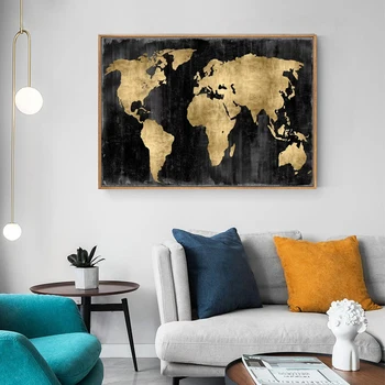Moderné Zlato Sivá Mapa Sveta, Plátno, Olej, Maľovanie na Zemi Plagáty Vytlačí Abstraktné Wall Art Obrázok pre Obývacia Izba Domova