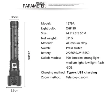 Najjasnejšie XHP90 LED Baterka Taktická Baterka Vodotesný LED Baterkou USB Nabíjateľná Baterka Zoom Baterka