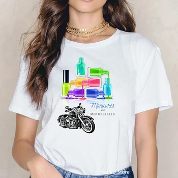 Dúhové nechty manikúra & motocykle tlač móde t shirt ženy harajuku kawaii grafické tričko hip skladba rock letné tričko