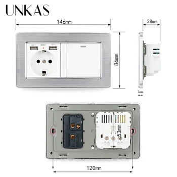 UNKAS EÚ Štandardnej elektrickej Zásuvky Dual Port USB + 1 2 3 4 Gang 1 / 2 Spôsobom, On / Off zapnutie Svetla Nehrdzavejúcej Ocele Panel Zásuvky