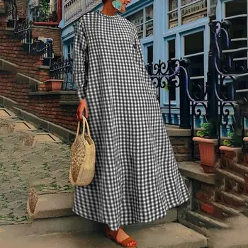 Vintage Skontrolujte Maxi Šaty dámske Jarné Sundress ZANZEA 2021 Bežné Dlhý Rukáv Vestidos Žena Turtleneck Župan Femme Plus Veľkosť