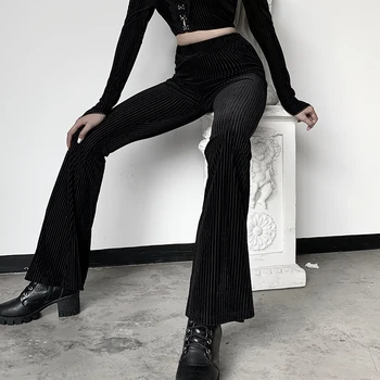 InstaHot Black Velvet Prúžok Obličkového Nohavice Vysoký Pás Elastické 5%Spandex Leginy Bežné Nohavíc Jeseň Elegantné Nohavice Ženy Capris