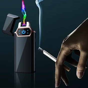 USB Elektrický Zapaľovač Odtlačkov prstov Touch Oheň Plazma dvojoblúk Ľahšie Vetru Kovové Cigariet Montáž Mužov Darček