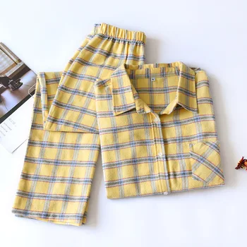 Žltá Koberčeky Pyžamo Japonské Kimono Yukata Bavlna, Flanel na Jar A na Jeseň Muži Ženy Cardigan Dlhým rukávom Home Service Oblek