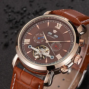 OUYAWEI značky high-grade kože plne automatické Swiss night light multi-funkčné pánske nepremokavé business mechanické hodinky