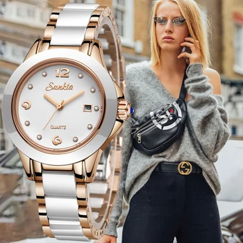 LIGE Značky Sunkta Ženy Sledovať 2021 podporuje veľkoobchod keramické hodinky módne dámy nepremokavé Hodiny Quartz Relogio Feminino