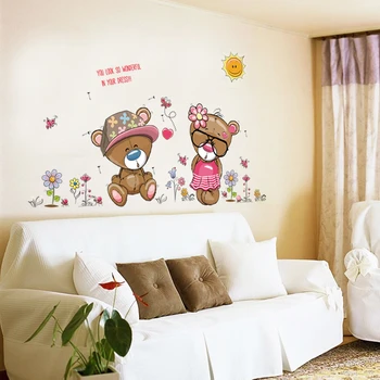 Roztomilý zvierat Ruže lásky Kvet medveď Motýľ, baby, deti, spálne dekorácie samolepky na stenu deti škôlky nálepky dievča, darček