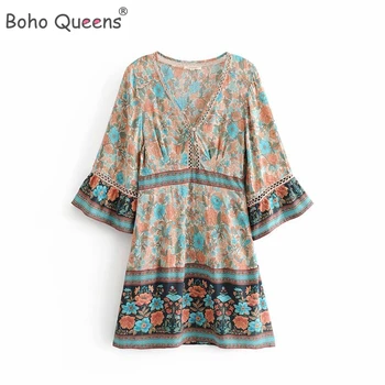Boho Queens ženy fialová kvetinový tlač hlboké V-neck České mini šaty Letné vzplanutie rukáv hippie šaty vestidos