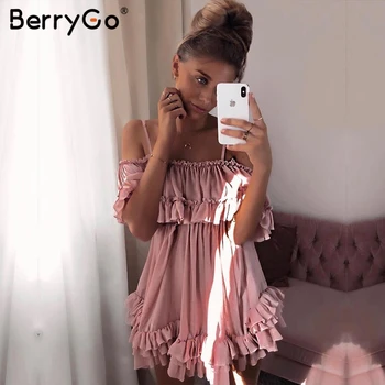 BerryGo Ženy šaty prehrabať skladaný šifón šaty letné Vypnutie ramenný čipky mini šaty dámske Holiday beach voľné mini šaty
