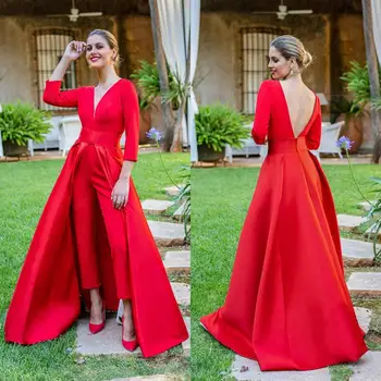 Elegantné Red Jumpsuit Prom Šaty, Sexy V Krku Backless Satin Overskirt Dubaj arabský Večer Party Šaty župan mariage de 2020