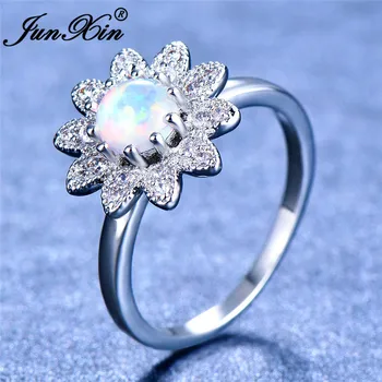 JUNXIN Elegantná Slnečnica Biela Fire Opal Prstene Pre Ženy, Strieborná Farba Daisy Krúžok S Zirkón Rainbow Svadobné Kapely