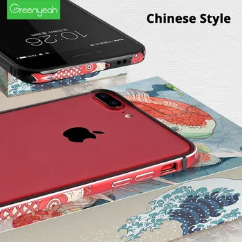 Čínsky Štýl, Kovové Telefónne Bumper pre iPhone 7 8 púzdra pre iPhone 8 Plus 7 Plus Kryt Koi Cartoon Hliníkové Silikónové Rám Coque