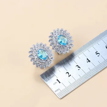 Najlepšie Predaj Nového Produktu 925 Silver Kvetinové Šperky Sady Sky Blue (CZ Kryštálmi Klip Náušnice, Prsteň Náramok, Náhrdelník Sady Pre Ženy