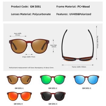 GM Polarizované slnečné Okuliare Muži Ženy S5091 Značky Drevené Okuliare Ženy Kolo rám Klasické slnečné Okuliare