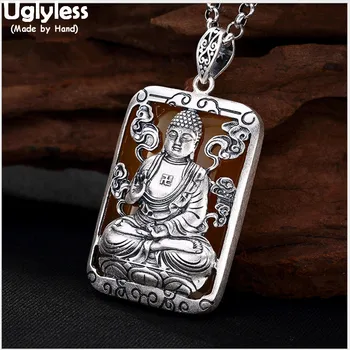 Uglyless Reálne 999 Jemné Strieborné Šperky, Unisex Amitabha, Buddha Prívesok Náhrdelník bez Reťazca Ručné Námestie Chalcedony Bijoux