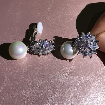 ZHURONG kvet Pearl shell AAA Cubic Zirconia klip na náušnice pre ženy,bez piercing dizajn č otvor ucha šperky