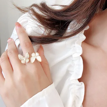 FXLRY nové módne šperky z medi vykladané zirkón svetlo luxusné otvorenie jemné, pružné dve motýľ škrupiny elegantné ženy krúžok