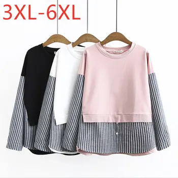 Nové dámske jesenné zimné plus veľkosť topy pre ženy veľké pulóver s dlhým rukávom bavlna voľné ružový prúžok T-shirt 3XL 4XL 5XL 6XL