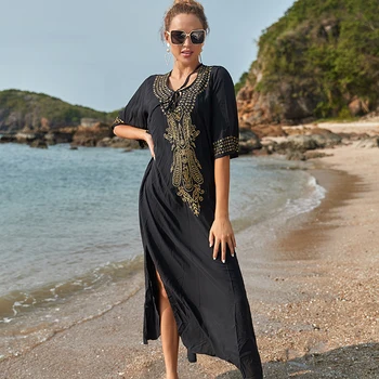 Čierna Bavlna Cover-ups V krku Pláži zakryť Pláži Tunika Župan de Plage Pareo Ženy Maxi Šaty Bikini Kryt do Plaviek Sarong