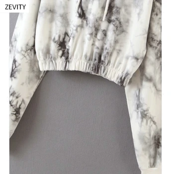 Zevity Nové 2020 Ženy vintage atrament kravatu farbené maľovanie bežné kapucňou sweatershirts dámske elastické hem mikiny značky elegantné topy H300