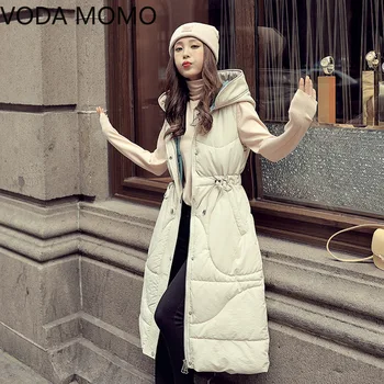 Kórejský Módne Čierna Vesta pre Ženy Zime bez Rukávov Kabáty a Bundy s Kapucňou Vatovaný Kabát Žien Dlhá Vesta Ženy plus veľkosť XXL