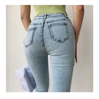 Bodycon džínsy ženy 2020 nové módne all-zápas slim-fit roztrhané džínsy retro high-pás roztiahnuť nohy nohavice