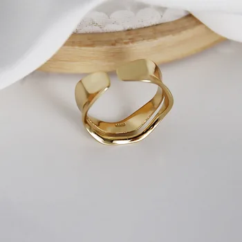 Silvology 925 Sterling Silver Vlna Krivky Krúžky Zlatá Farba Nepravidelný Elegantné Dvojité Vrstva Elegantné Prstene pre Ženy Strany Šperky