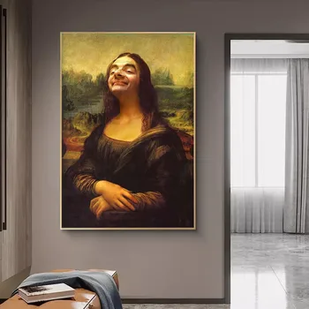 Humor Zábavné Vytlačiť Mona Lisa a Mr. Bean Plátne, Plagát, Obývacia Izba, Spálňa Wall Art Decor Obrázok