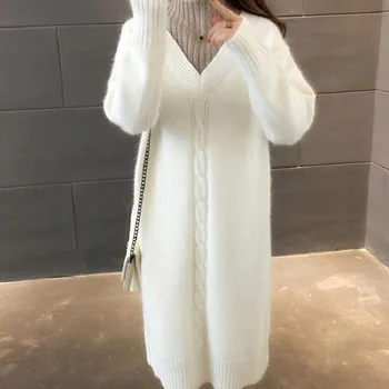 Dámske Svetre Módne 2020 Hrubé strednej dĺžky pletené falošné dvojdielne šaty pol vysoká krku pulóver klesnutie sveter